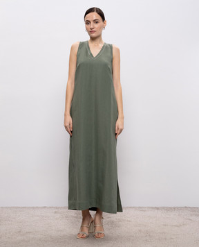 Peserico Green linen dress with monil chain S0216802647