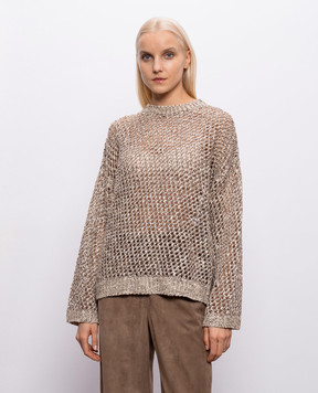 Brunello Cucinelli Beige openwork sweater with silk and linen with sequins MEA345600P