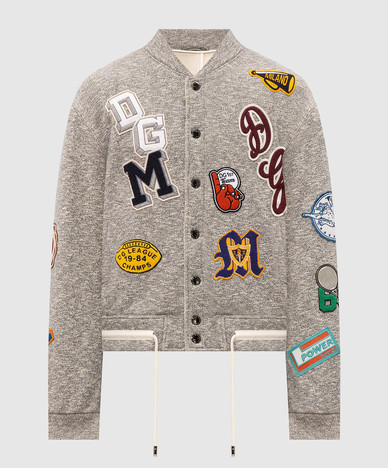 Gray bomber jacket with appliqués