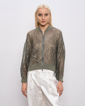 Brunello Cucinelli Khaki openwork cardigan made of silk and linen with sequins MCBR11806