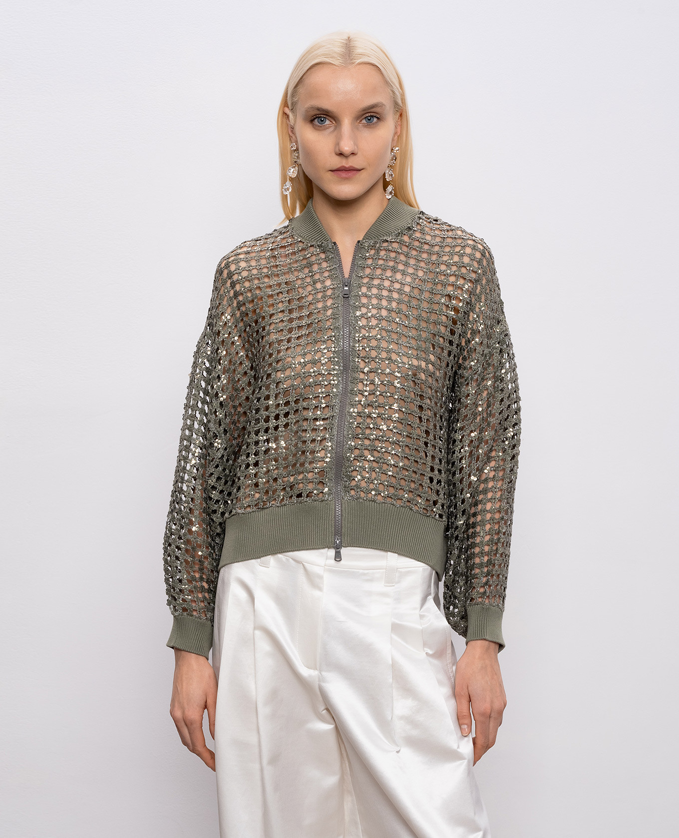 Khaki openwork cardigan made of silk and linen with sequins Brunello Cucinelli 3