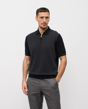 Stefano Ricci Black polo shirt with patterned silk K212037P31F26193