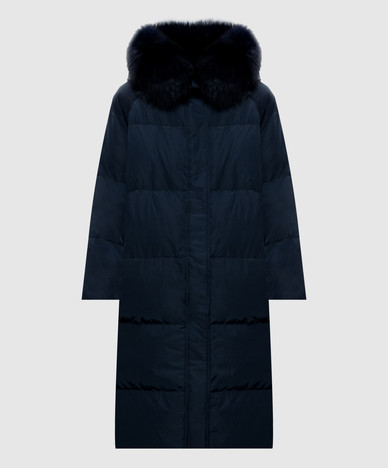 Blue down jacket with fox fur