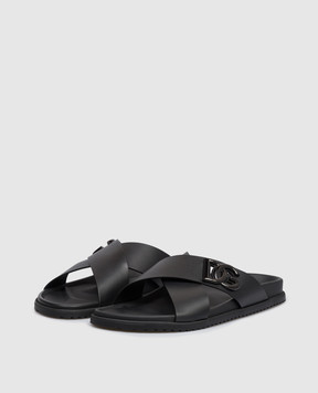 Dolce&Gabbana Black leather flip-flops with textured monogram logo A80525A9Q67