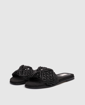 Agnona Black leather flip-flops with weaving LI1102L8265
