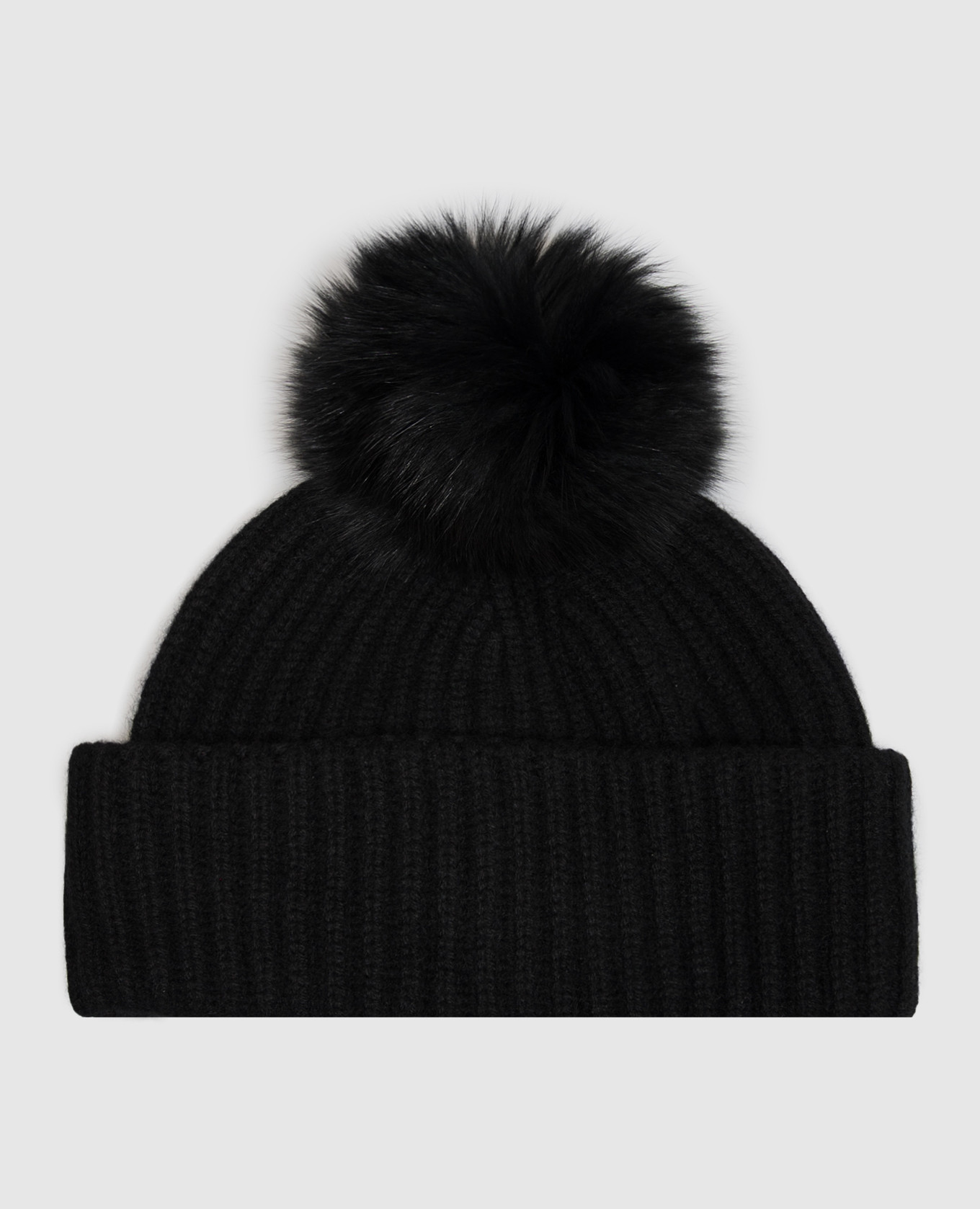 Black cashmere hat with fox fur pompom