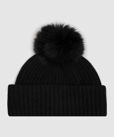 Black cashmere hat with fox fur pompom