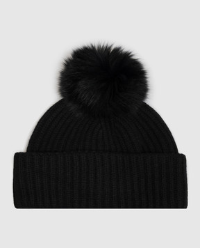 Yves Salomon Black cashmere hat with fox fur pompom 23WAA524XXMACA