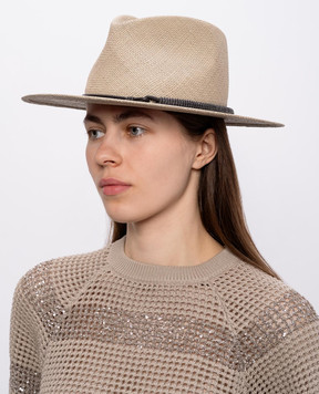 Brunello Cucinelli Beige straw fedora hat with monil chain MCAP90036