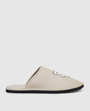 Off-White Beige leather slippers with logo embroidery OMIJ00BS26LEA002