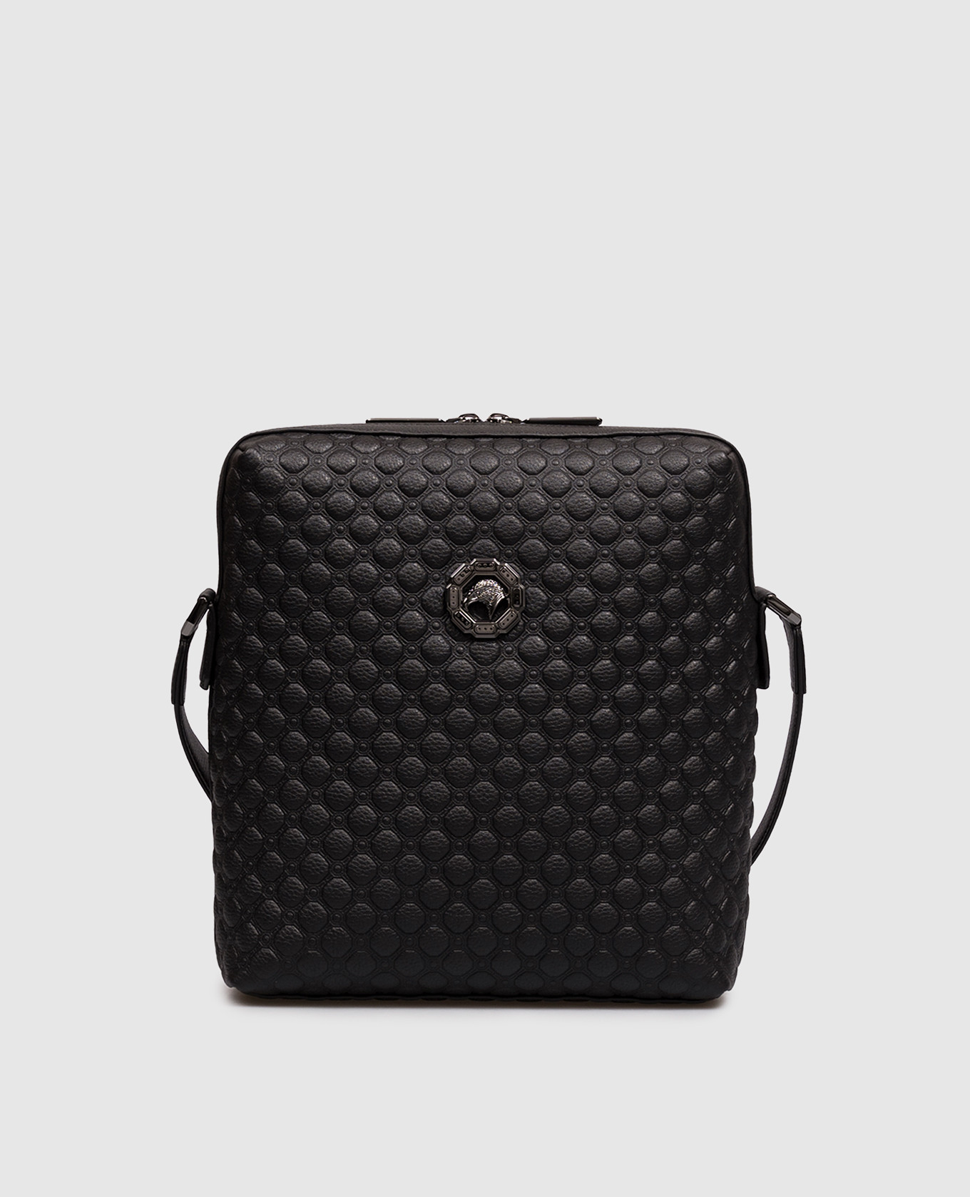 Black leather bag with emblem