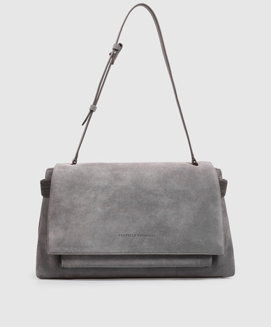 Grey suede satchel bag with logo embossing