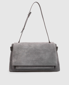 Brunello Cucinelli Grey suede satchel bag with logo embossing MBDLB2816
