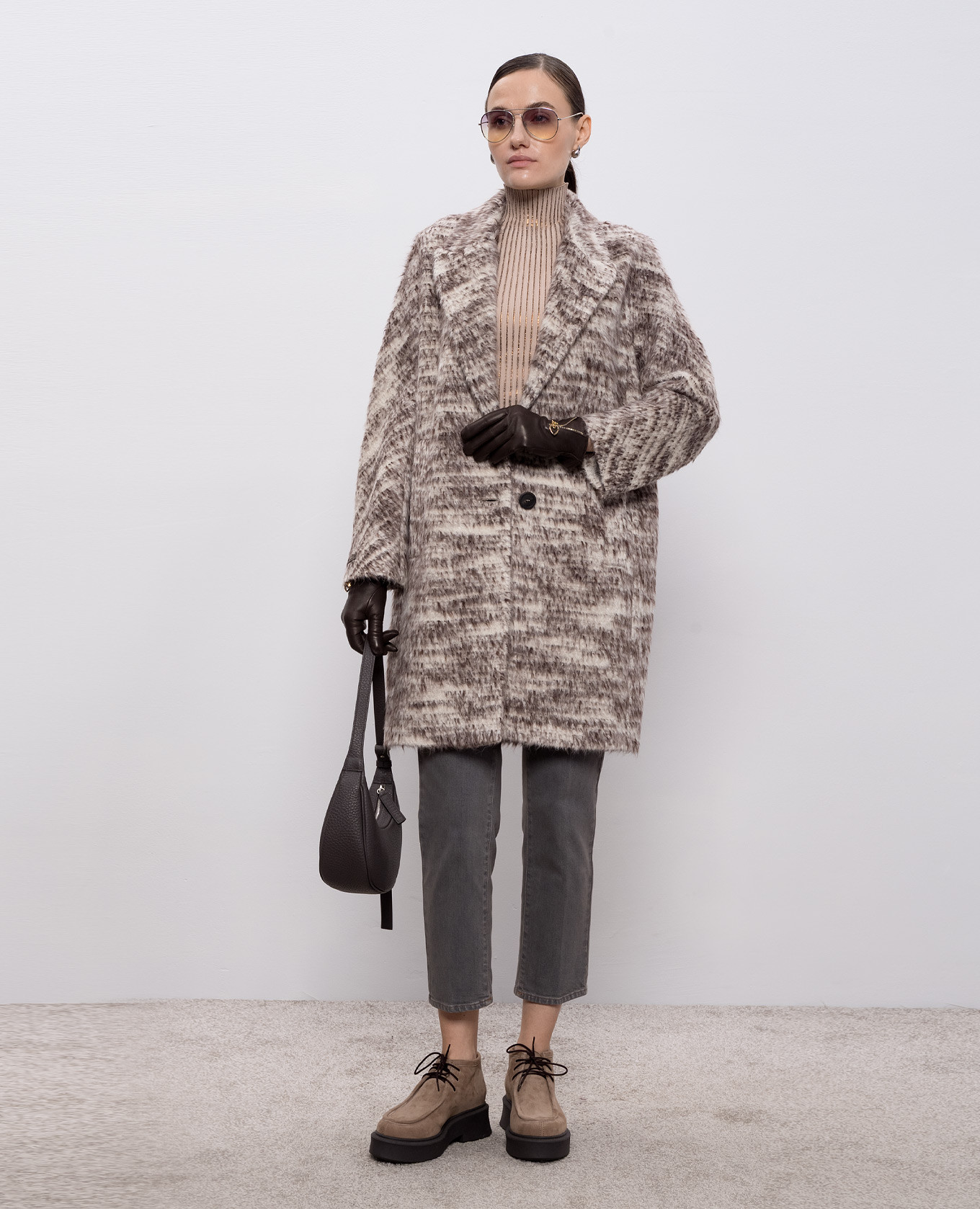 

Brown alpaca coat with patch Peserico