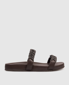 Brunello Cucinelli Brown leather flip-flops with a monil chain MZGAG3159