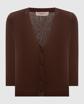 Twinset Brown cropped ribbed cardigan with silk 261TT3182