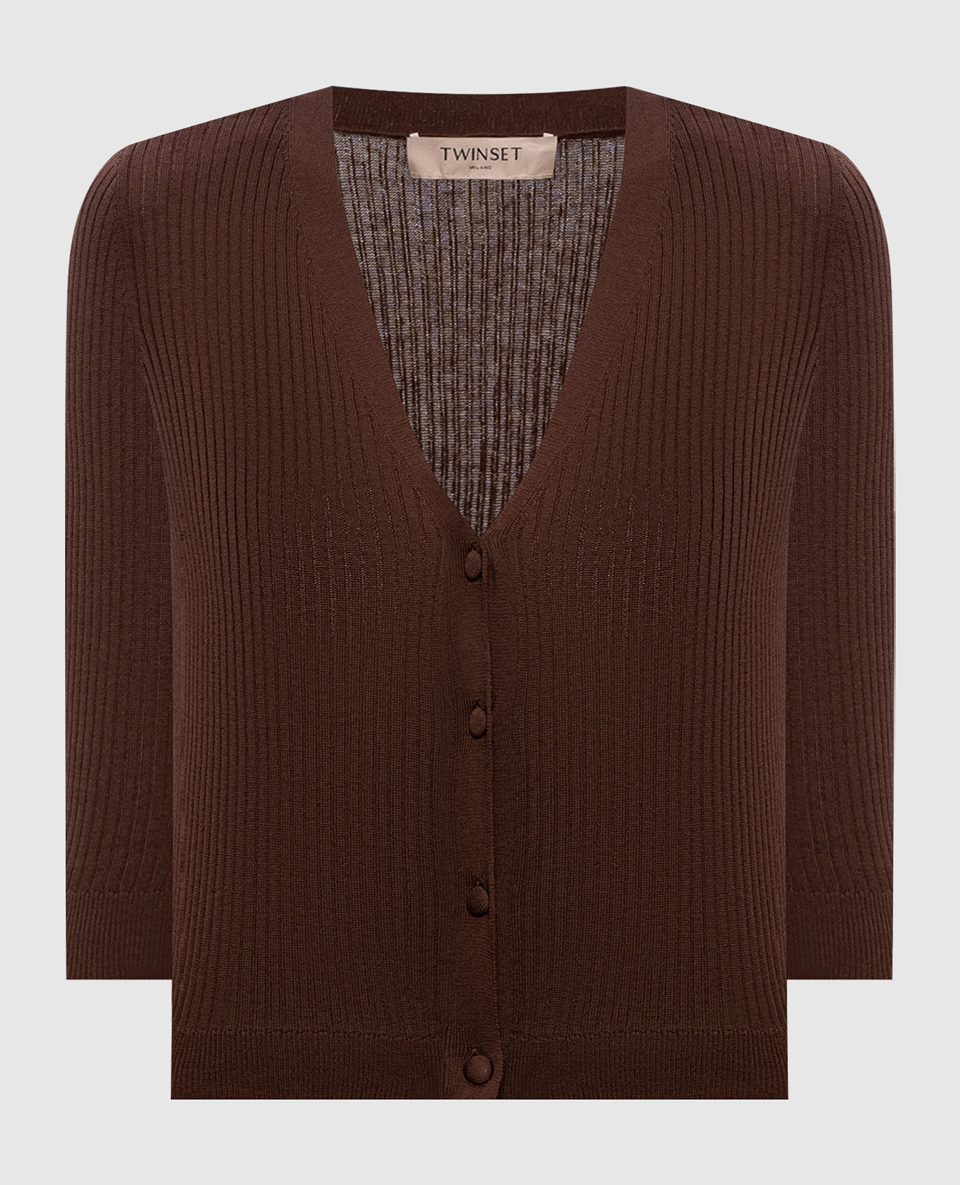 Brown cropped ribbed cardigan with silk