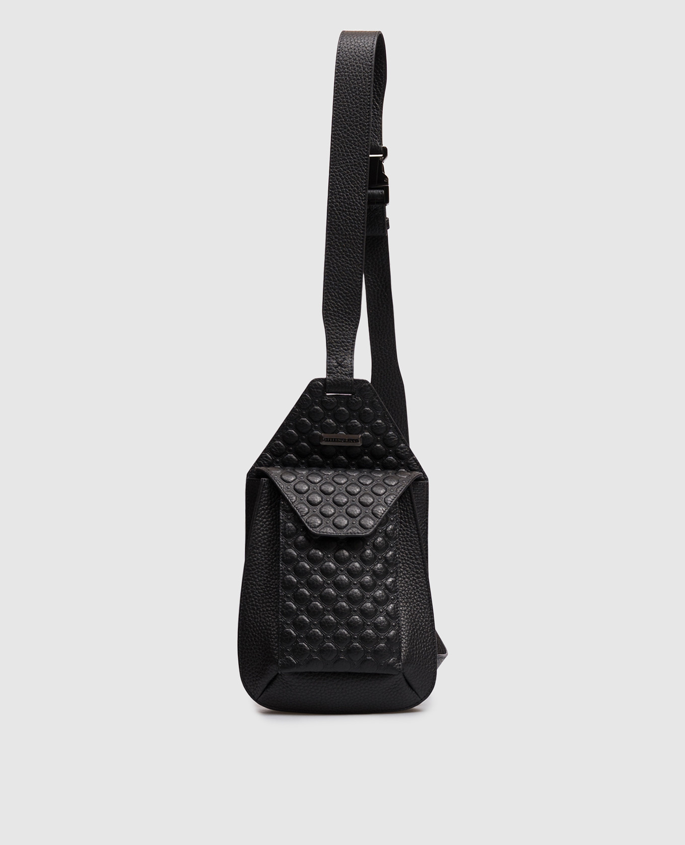 Black leather sling bag with metal logo