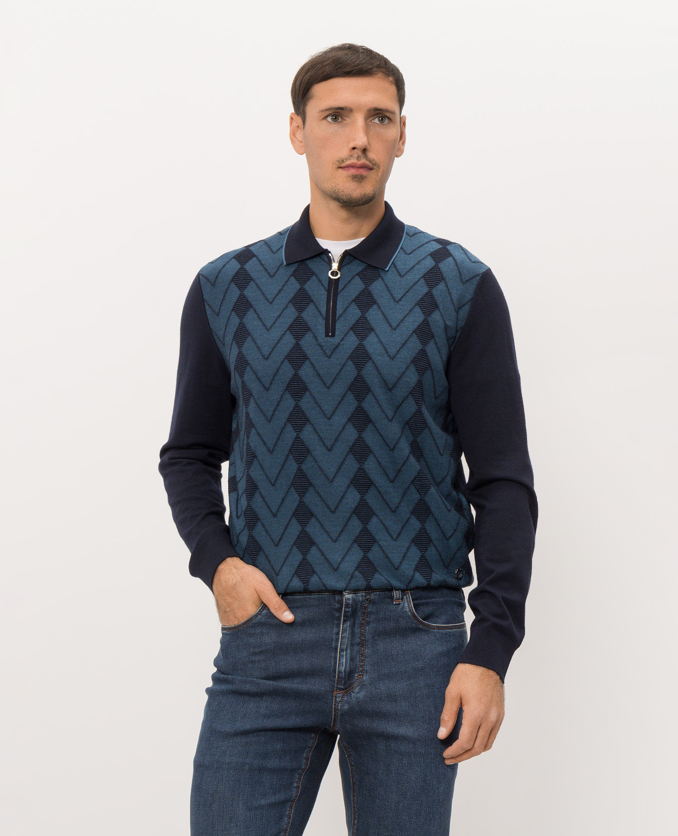 Blue wool and silk polo shirt with geometric pattern Stefano Ricci 3