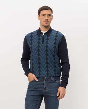 Stefano Ricci Blue wool and silk polo shirt with geometric pattern KE06021P30E26407