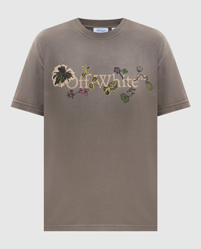 Off-White Brown T-shirt with Bookish Leaves print 2AA089S26JER003