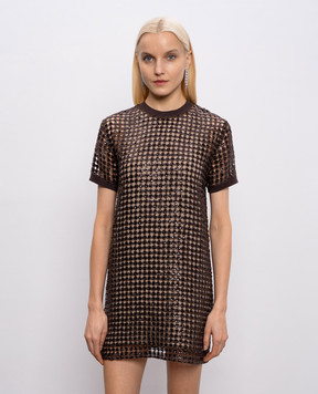 Brunello Cucinelli Brown openwork silk and linen dress with sequins MCBR11A90