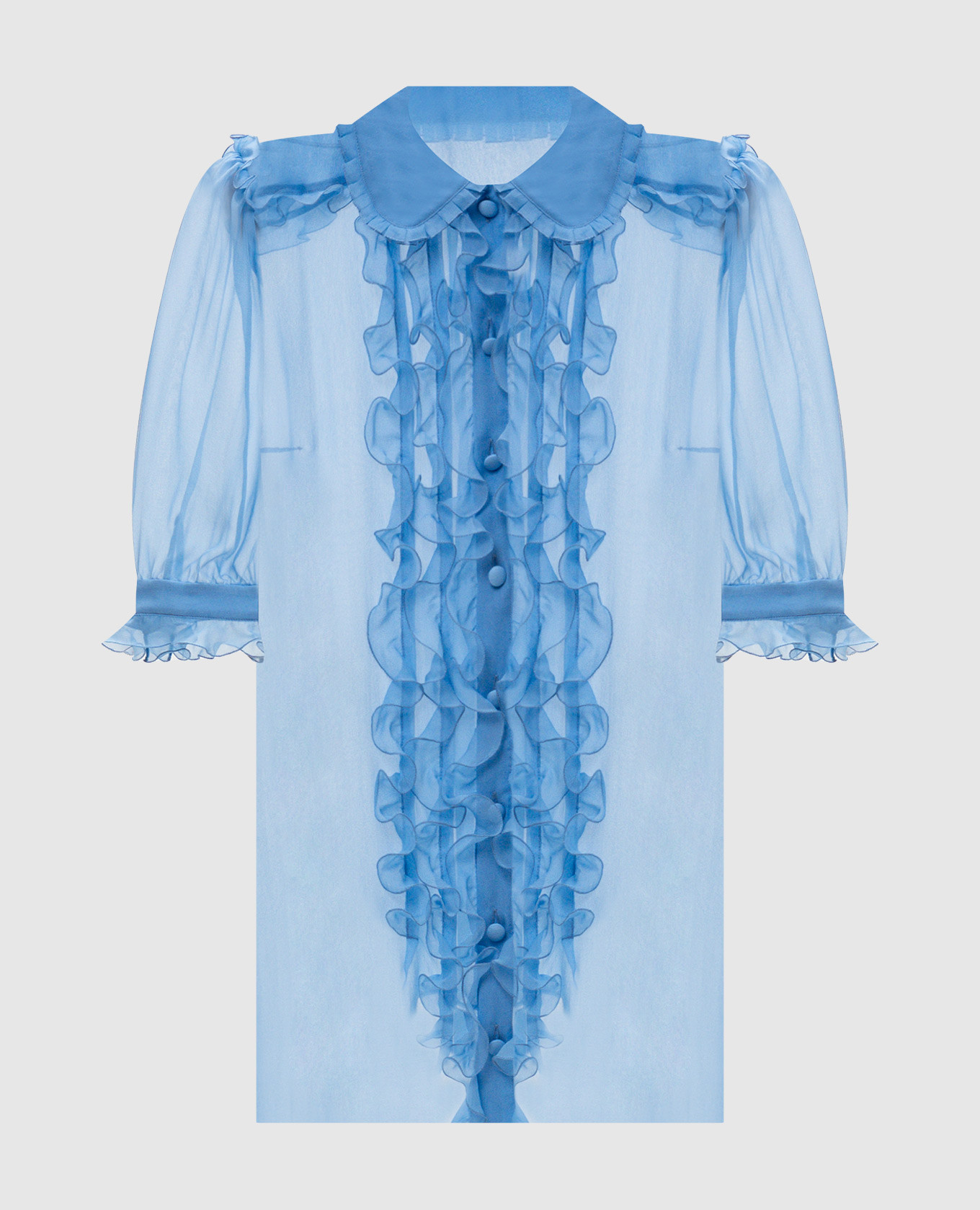 Blauwe zijden blouse met ruches