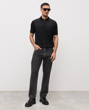 Stefano Ricci Black polo shirt with patterned silk K818109P31F26175