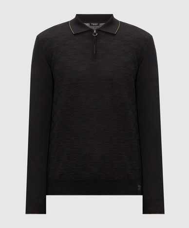 Black wool, silk and cashmere polo shirt