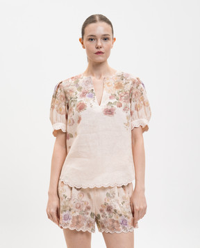 Twinset Beige linen blouse with floral print 261TT2573