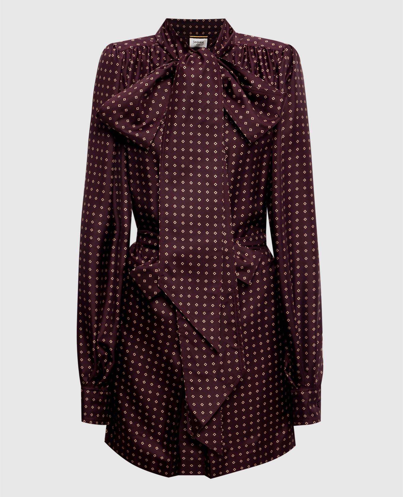 Burgundy geometric print silk shirt dress Saint Laurent