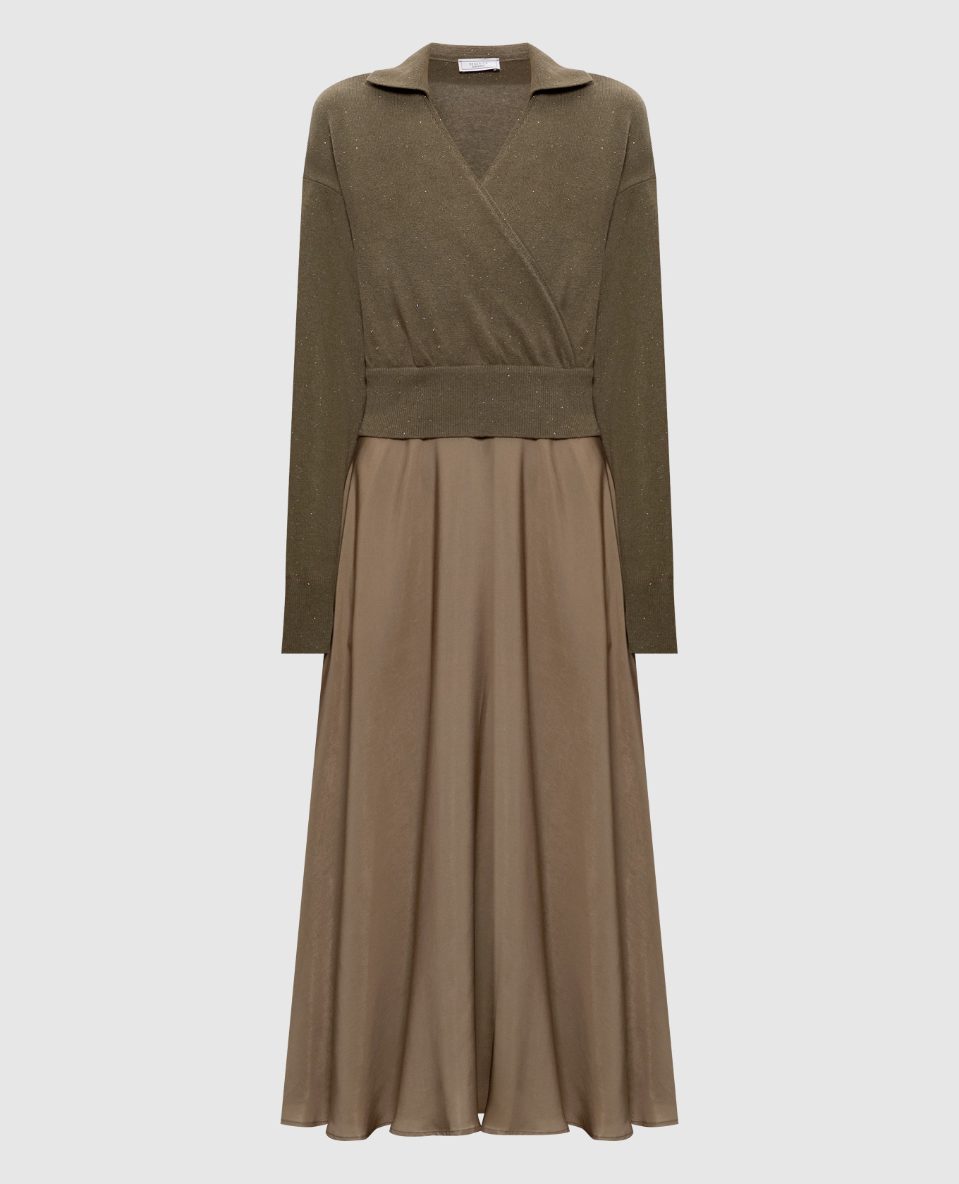 Khaki midi dress with double-layered wool and silk