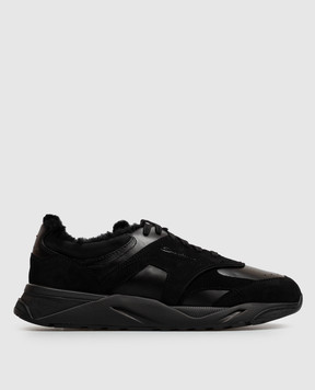 Santoni Black leather sneakers with fur trim MBIM22112NERPKOH