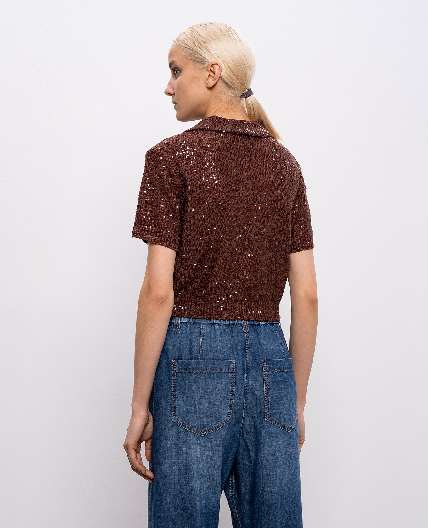 Brown linen, cashmere and silk sequin top Brunello Cucinelli 4