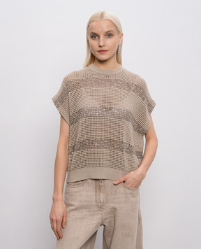 Brunello Cucinelli Brown openwork vest with sequins M58772820