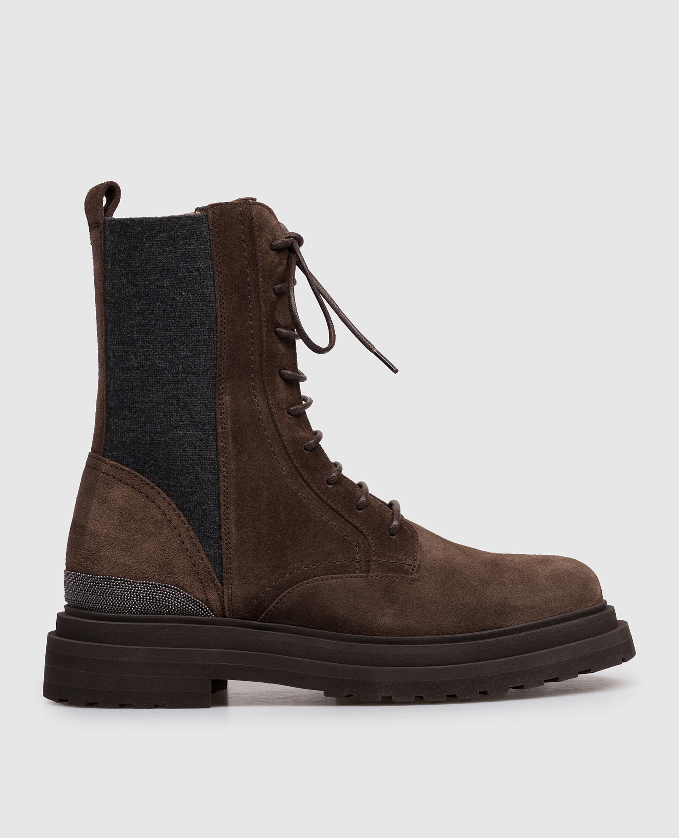 Brown suede boots with monil chain