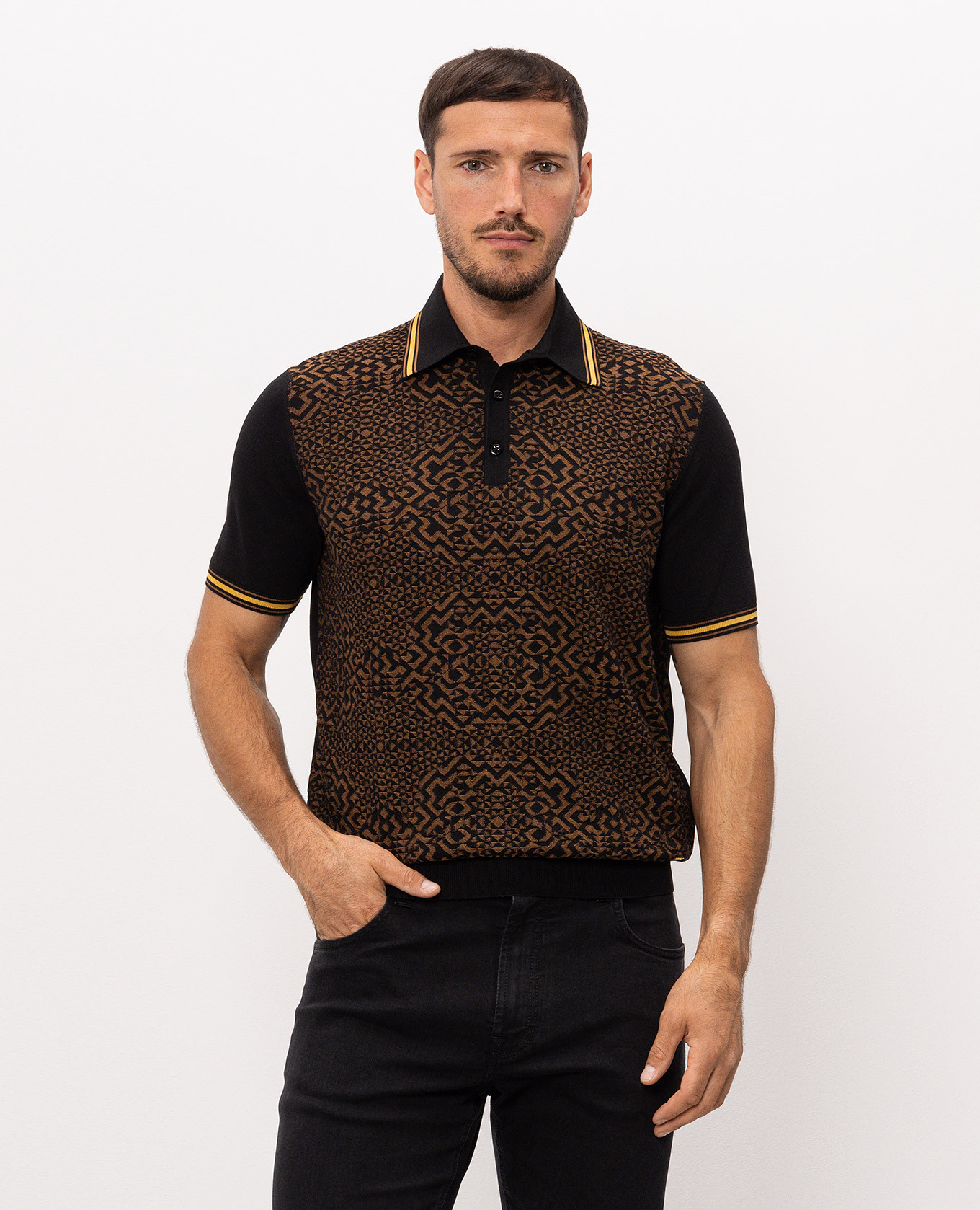 Black polo shirt with patterned silk Stefano Ricci 3