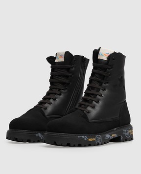 Premiata Children's black leather boots URBAN with fur 32M1994843639