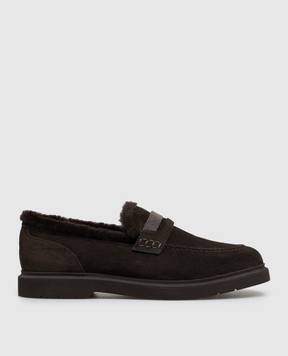 Brunello Cucinelli Brown suede loafers with fur and monil chain MZSFG2569