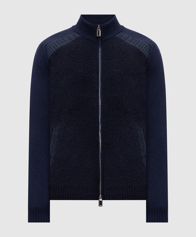 Blue cashmere and silk cardigan with crocodile leather