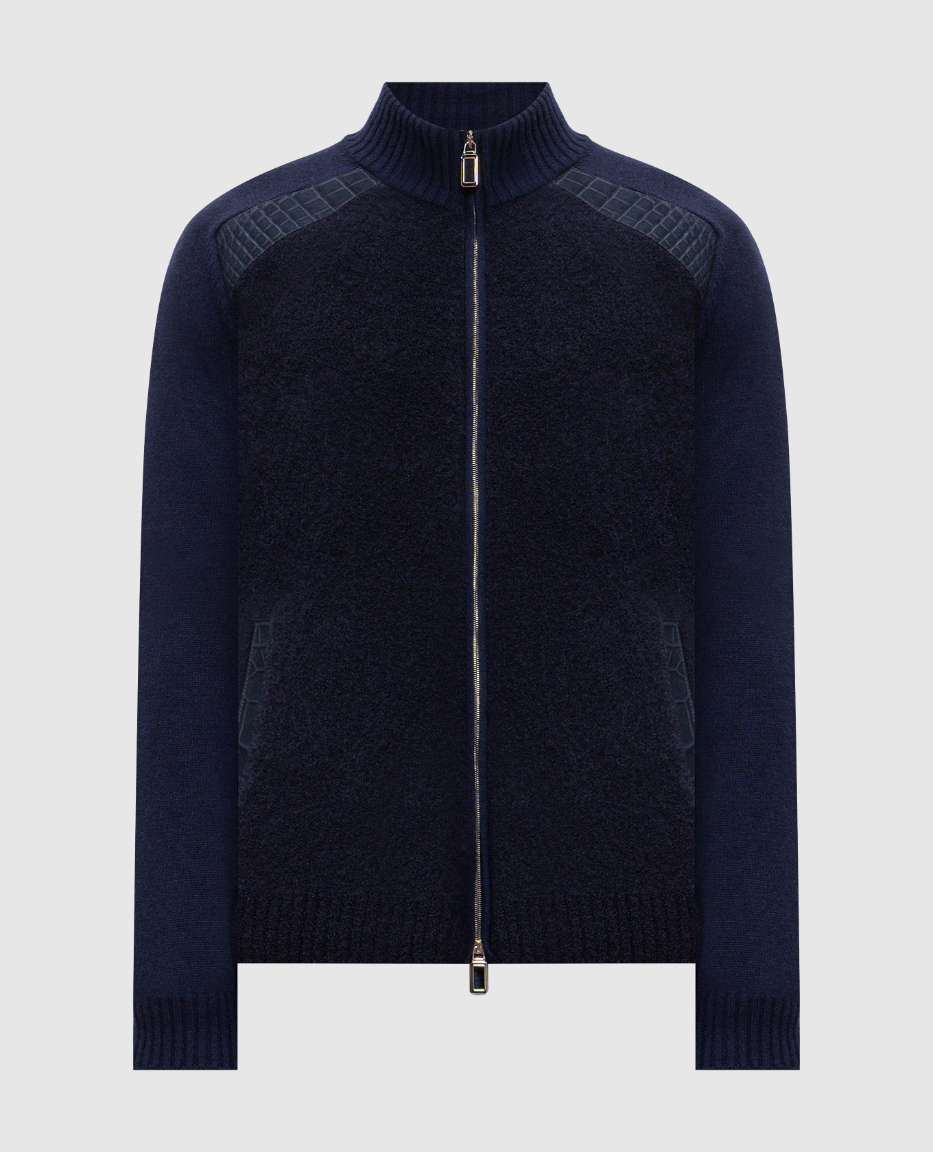 Blue cashmere and silk cardigan with crocodile leather