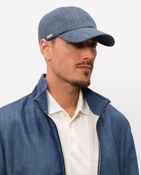 Enrico Mandelli Blue wool, silk and linen cap with logo engraving CAP4016020
