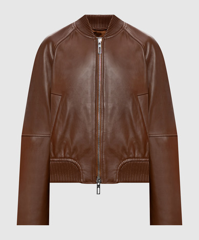 Blouson aviateur en cuir marron AMOUR