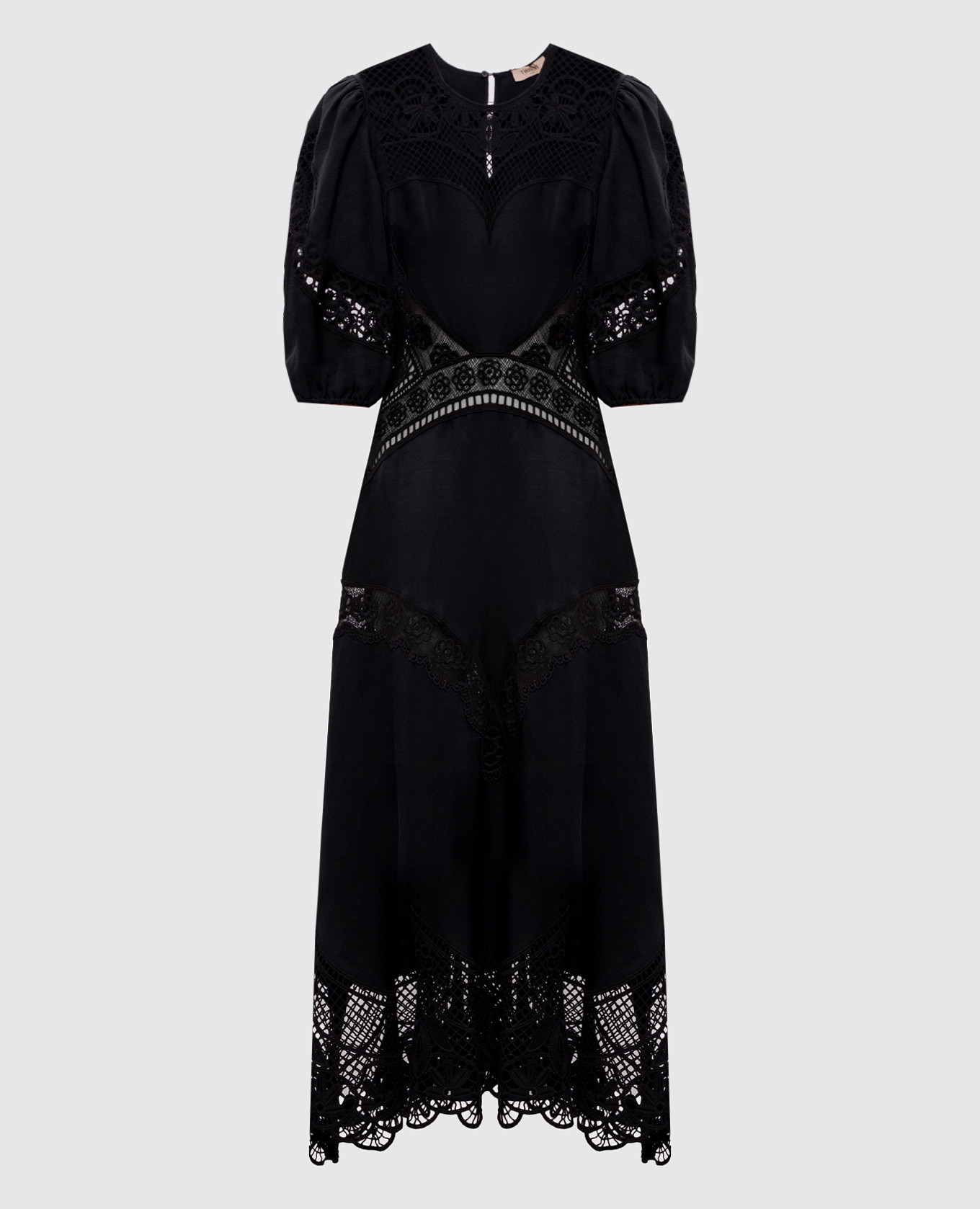 Black linen dress with openwork inserts