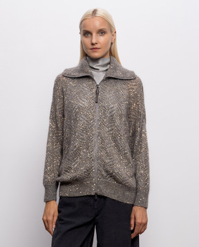 Brunello Cucinelli Gray openwork cardigan with sequined wool MRG562516