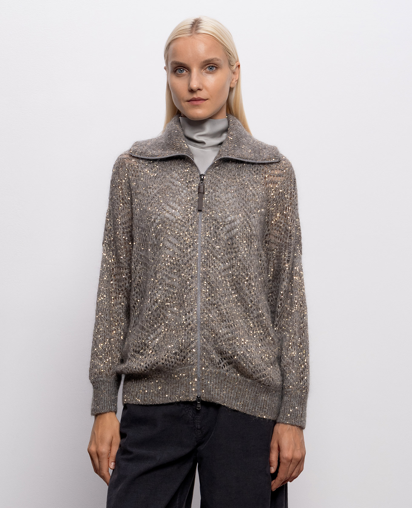 Gray openwork cardigan with sequined wool Brunello Cucinelli 3