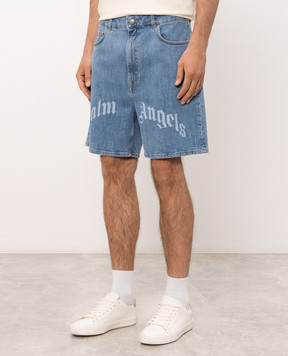 Palm Angels Blue denim shorts with logo print PAMYC001DN001