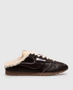 AUTRY Brown leather Windspin mules with fur UMXWIX01
