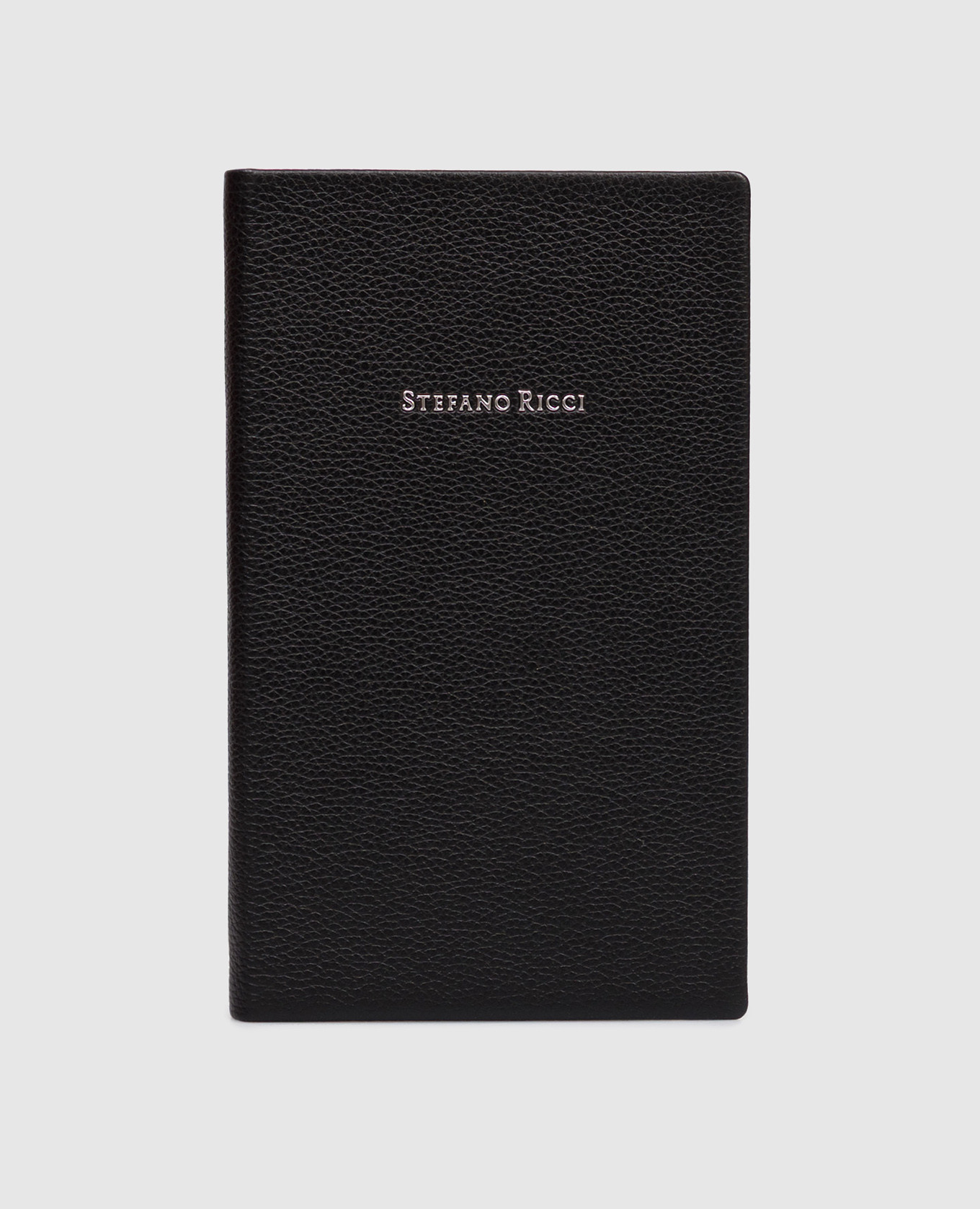 Black leather notebook with textured logo