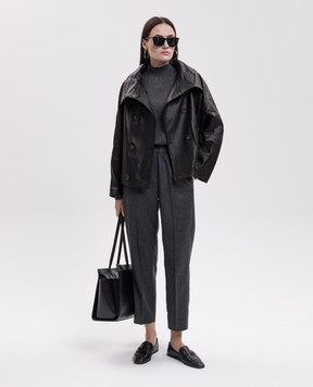 Peserico Black leather double-breasted jacket with monil chain A21075C03CC585